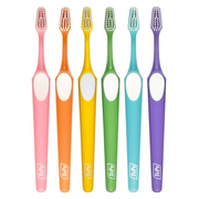 Six colorful TePe toothbrushes in pink, orange, yellow, green, blue, and purple.