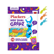Plackers Kids Dual Gripz dental flossers with fluoride in fruit smoothie swirl flavor.
