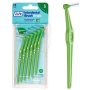Pack of 6 green angled interdental brushes for cleaning between teeth.