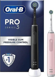 Oral-B Pro Series 3 electric toothbrush with visible gum pressure control in black and pink.