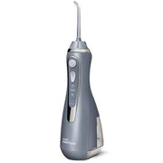 Grey handheld water flosser device for oral hygiene and teeth cleaning.