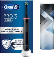 Oral-B Pro 3 3500 electric toothbrush with visible gum pressure control and travel case.